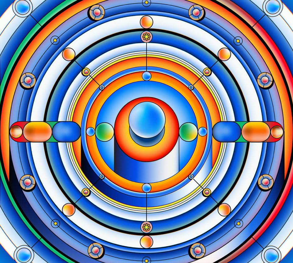 Vivid and intricate abstract design showcasing layered circular geometric shapes in vibrant colors.